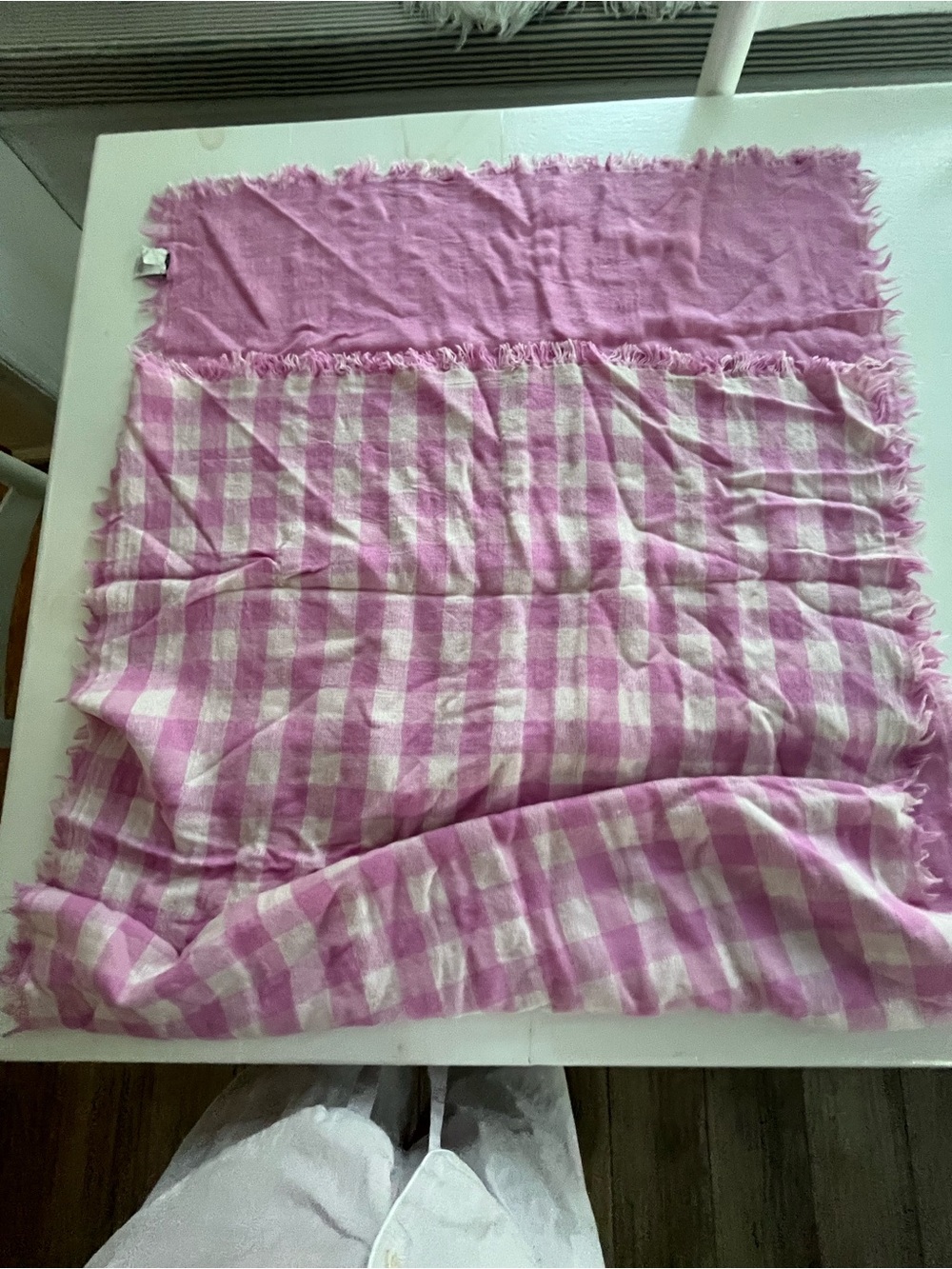 J. Crew Pink and Cream Plaid Fringe Scarf